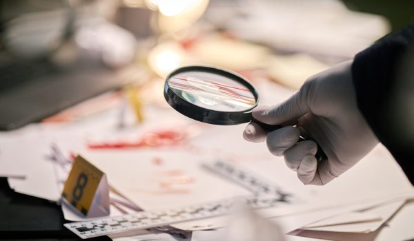 Gloved,Hand,Holding,Magnifying,Glass,Examining,Documents,On,Cluttered,Workspace