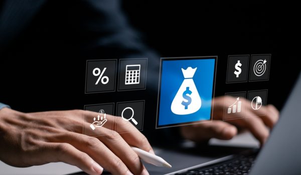 Investment,Concept.,Businessman,Use,Laptop,With,Financial,Investment,Icon,For