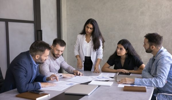 Group,Of,Five,Professionals,Engaged,In,Brainstorming,Or,Decision-making,,Take