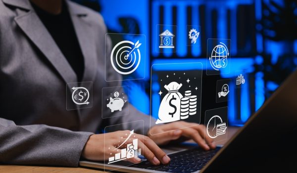 Financial,Technology,And,Money,Management,Concept.,Businesswoman,Working,On,Laptop